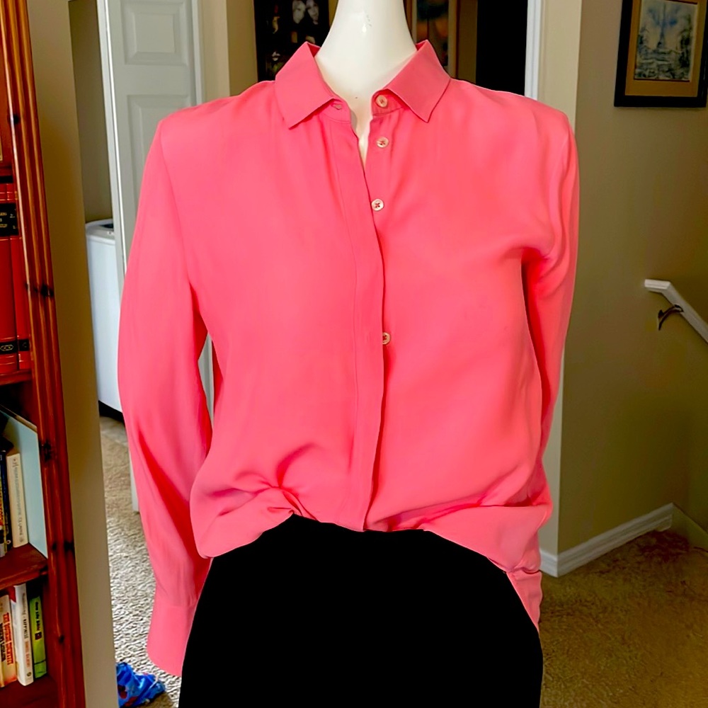 0039 ITALY Pink Silk Long Sleeve Button Down Shirt Blouse Shirt Tail Hem XS